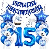Daimay 15th Birthday Party Decorations Blue Happy Birthday Banner Flag Latex Confetti Balloons Number 15 Foil Balloon Star Mylar Balloons Cake Topper for Men Women Anniversary Party Supplies