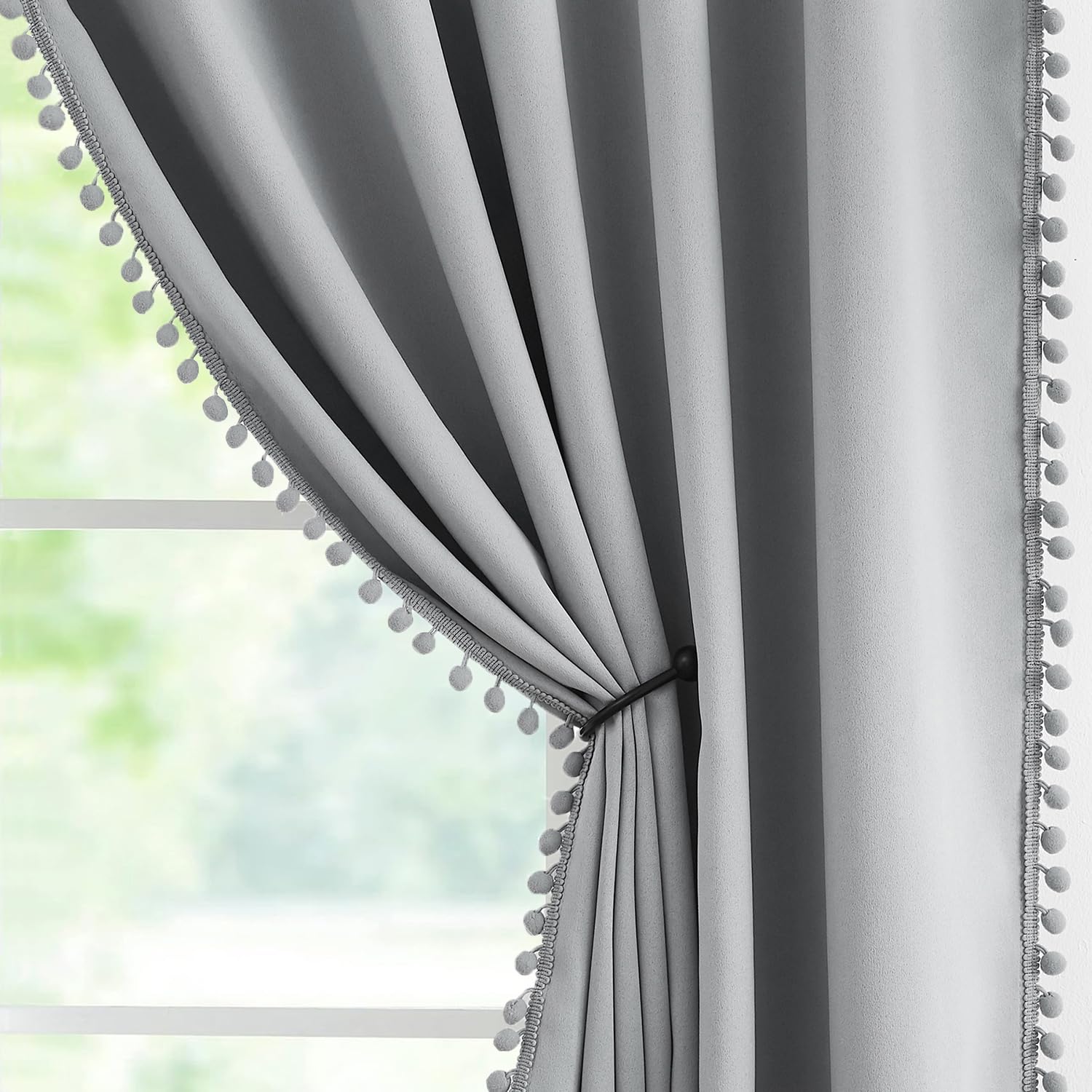 Pom Pom Grey Blackout Curtains for Bedroom 54 x 54 Inch Eyelet Noise Reducing Window Drapes Energy Efficient Thermal Insulated Darkening Curtain Panels for Living Room Children Nursery Room 2 Panels — image 1