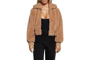 FANCYINN Womens Teddy Cropped Faux Fur Jacket Furry Lapel Coat Zip Up with Pockets Warm Winter