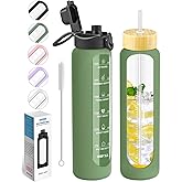 Nefeeko 32 oz Glass Water Bottles with Straw, Time Marker, Motivational 1 Liter BPA FREE Leakproof Reusable Glass Water Bottle with Silicone Sleeve, Bamboo, Spout Lid