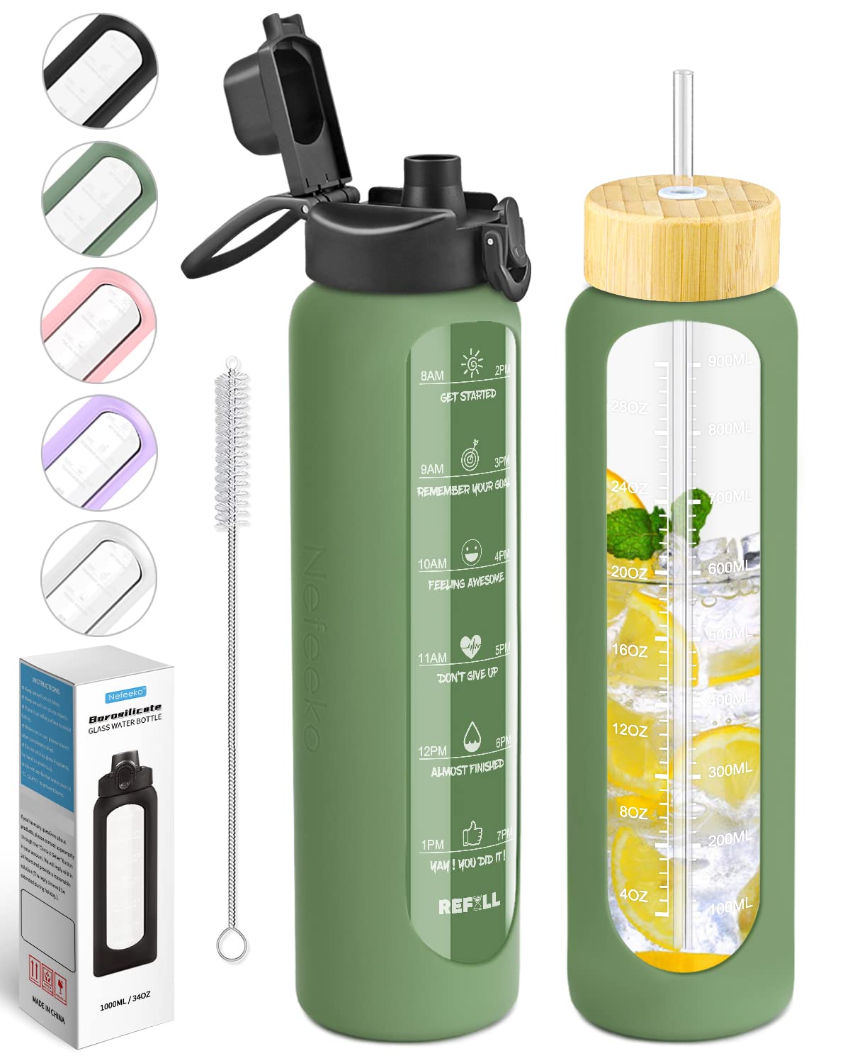 Photo 1 of Nefeeko 32 oz Glass Water Bottles with Straw, Time Marker, Motivational 1 Liter BPA FREE Leakproof Reusable Glass Water Bottle with Silicone Sleeve, Bamboo, Spout Lid