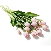 Pmyra 15Pcs Fake Tulips Artificial Flowers Real Touch Latex Bouquet Faux Tulips for Centerpiece Arrangements Wedding Party Home Décor (Light Pink)