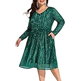 CARCOS Plus Size Sequin Dresses for Women V Neck Long Sleeve Party Dress Sparkle Club Dresses Evening Wedding Dresses XL-5XL