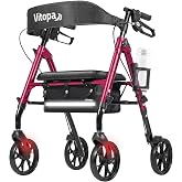 Vitopa Walkers for Seniors with Seat W20S, Ultra-Stable Foldable Rollator | 350 lbs Heavy-Duty, Smooth 8&rdquo; Widened Wheels, Dual Height Adjustable, Thickened Ergonomic Seat &amp; Backrest, Burgundy Red