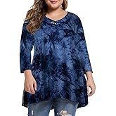 MONNURO Womens Plus Size 3/4 Sleeve V Neck Button Casual Loose Flowy Swing Tunic Tops Basic Tee Shirts for Leggings