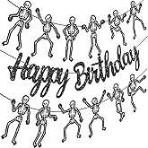 Skeleton Birthday Party Banner Halloween Party Decorations Dancing Skeleton Cutout Banner Glitter Black Skull Party Decoration for Halloween Holiday Celebration Supplies