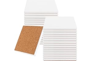 JOIKIT 30 Packs 4 x 4 Inch Ceramic Tiles for Crafts Coasters, Square Unglazed White Ceramic Tiles with Cork Backing Pads, Use with Alcohol Ink or Acrylic Pouring, Make Your Own Coasters