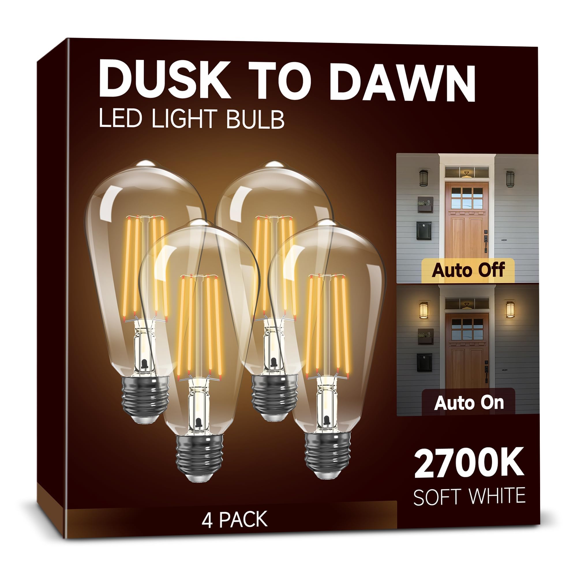 Photo 1 of UNILAMP Dusk to Dawn Light Bulbs, Outdoor Light Bulbs, ST64 6W Equivalent 60W, 2700K Soft White, 600LM LED Outdoor Lighting, E26 Base, Photocell Sensor, Auto On/Off Bulb for Porch Patio Garage, 4 Pack