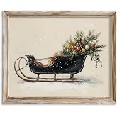 Vintage Christmas Sleigh Print, Rustic Holiday Wall Art with Pine Branches & Ornaments, Winter Seasonal Home Décor, Unframed Fine Art Poster (8X10inch-Unframed)