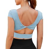 DaiLiWei Open Back Workout Tops for Women Short Sleeve Longline Sports Bras Support Crop Tank Yoga Shirts with Built in Bra