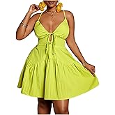 Floerns Women's Plus Size Tie Knot Front Criss Cross Ruffle Hem Cami A-Line Mini Dress
