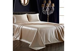 SiinvdaBZX 4Pcs Satin Sheet Set Queen Size Ultra Silky Soft Beige Satin Queen Bed Sheets with Deep Pocket, 1 Fitted Sheet, 1 Flat Sheet, 2 Envelope Closure Pillowcases