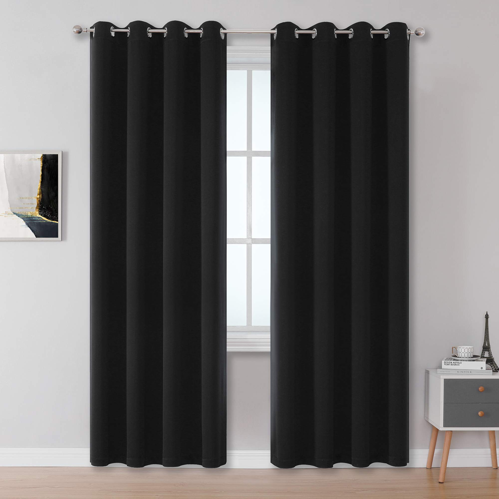 DUALIFE 99% Blackout Curtain for Living Room - Thermal Insulated Grommet Panels/Drapes for Bedroom (52 by 84 Inches Long, Set of 2 Panels,Black)