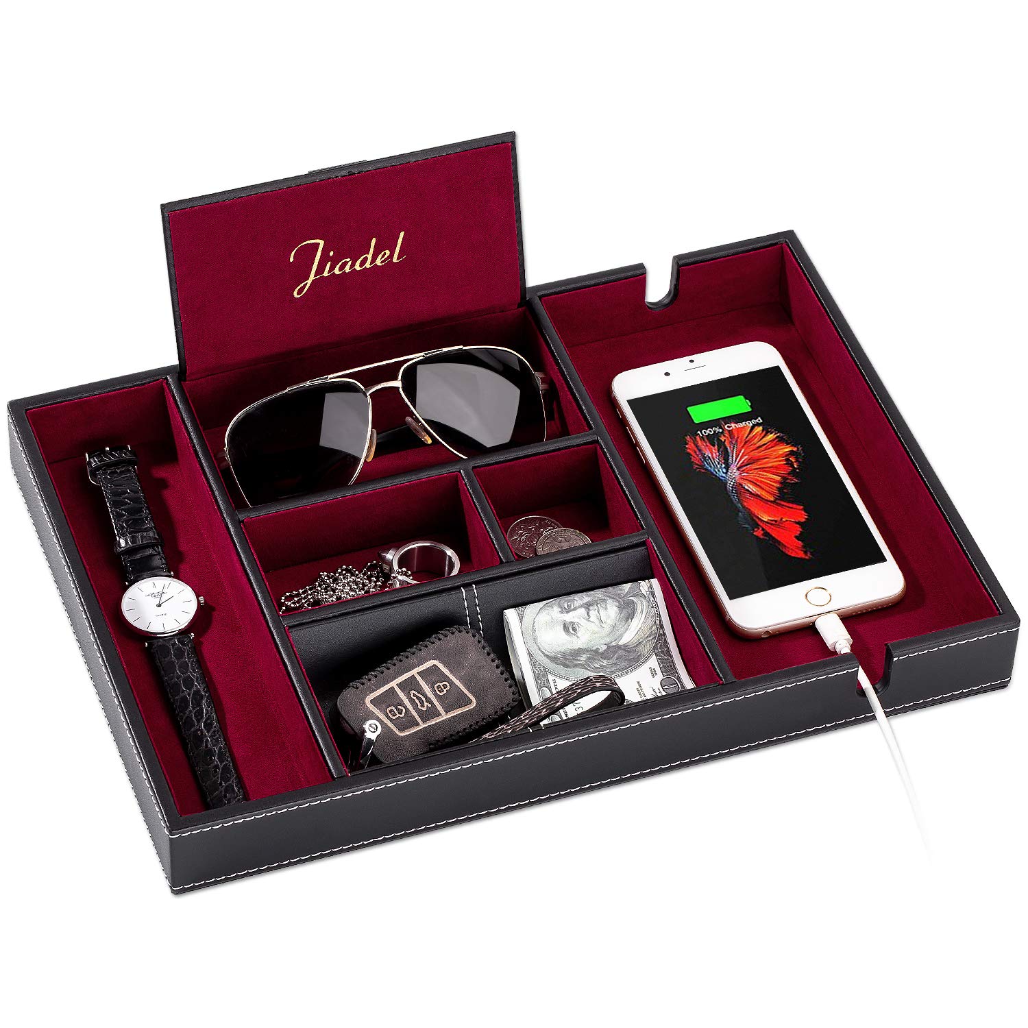JIADEL Valet Tray for Men | 6 Compartments | Bedroom Organizer with Charging Station | Perfect for Men and Women | Black PU Leather | Decorative Gift Box | Red