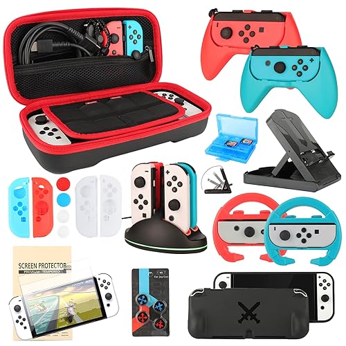 Accessories Bundle for Nintendo Switch OLED Model(2021): Super Kit with  Carrying Case, Screen Protector, Steering Wheels, Joycon Grips, Charging  Dock,