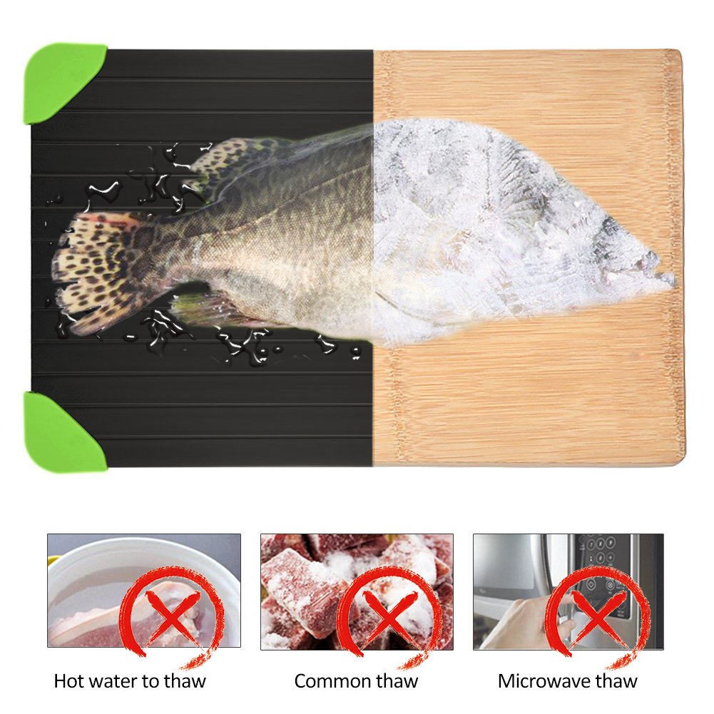Rapid Defrosting Tray For Fast Thawing Meat Or Frozen Food-Safety, Economic, No Electricity, No Lost Food Flavors, With Green Silicone Border