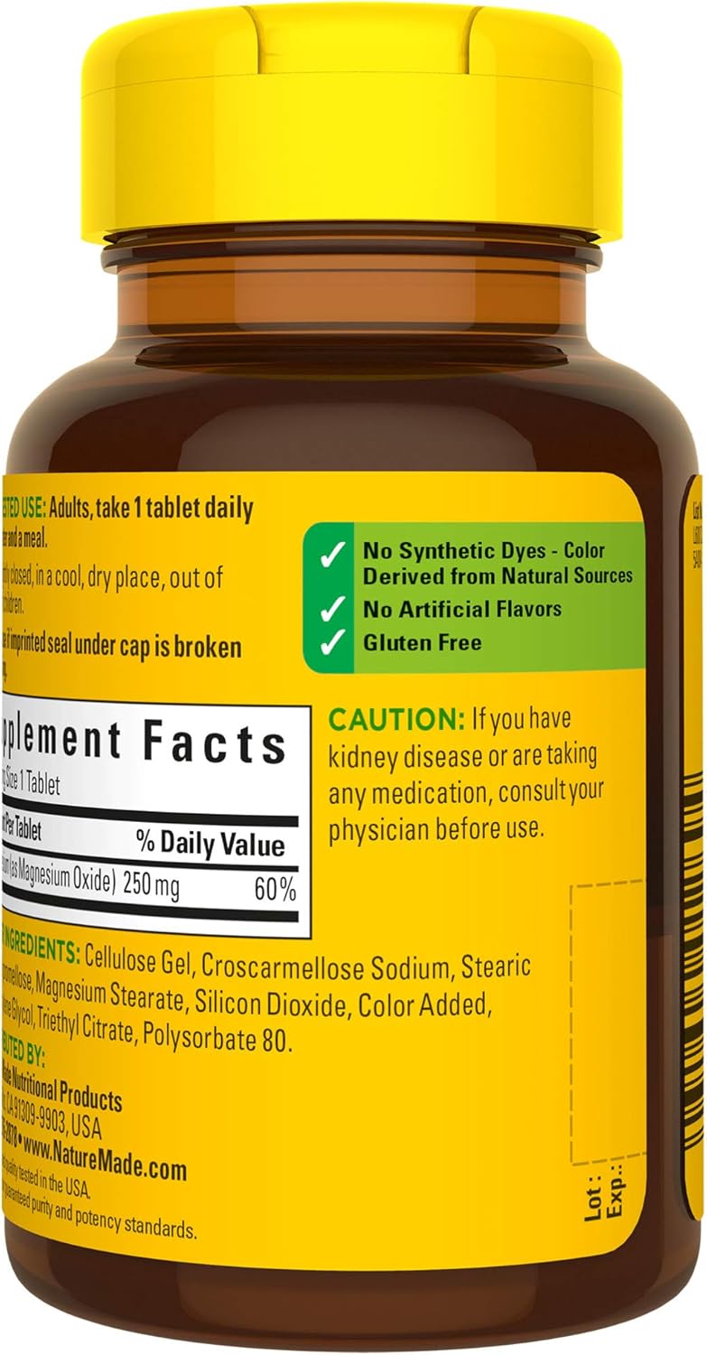 Nature Made Magnesium Oxide 250 mg Tablets, 100 Count for Nutrition Support (Packaging May Vary): Health & Personal Care