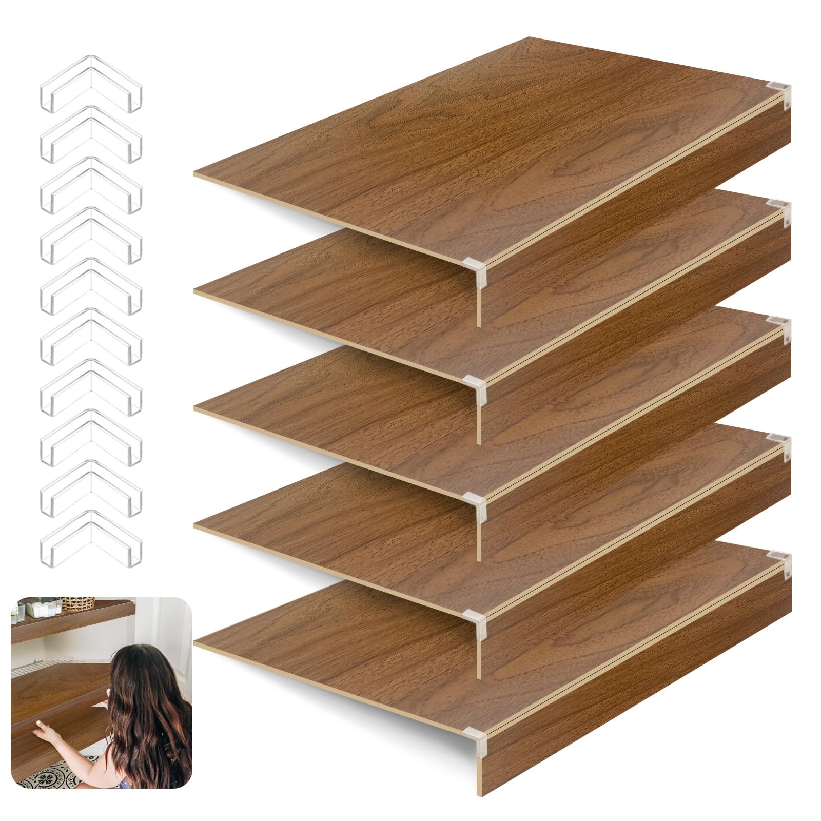 Photo 1 of 5 Pack Wooden Wire Rack Cover 24 * 12IN Shelf Covers with Back Felt Clamp Fixed Pantry Shelf Cover for Removable Closet Bathroom Kitchen (Walnut)