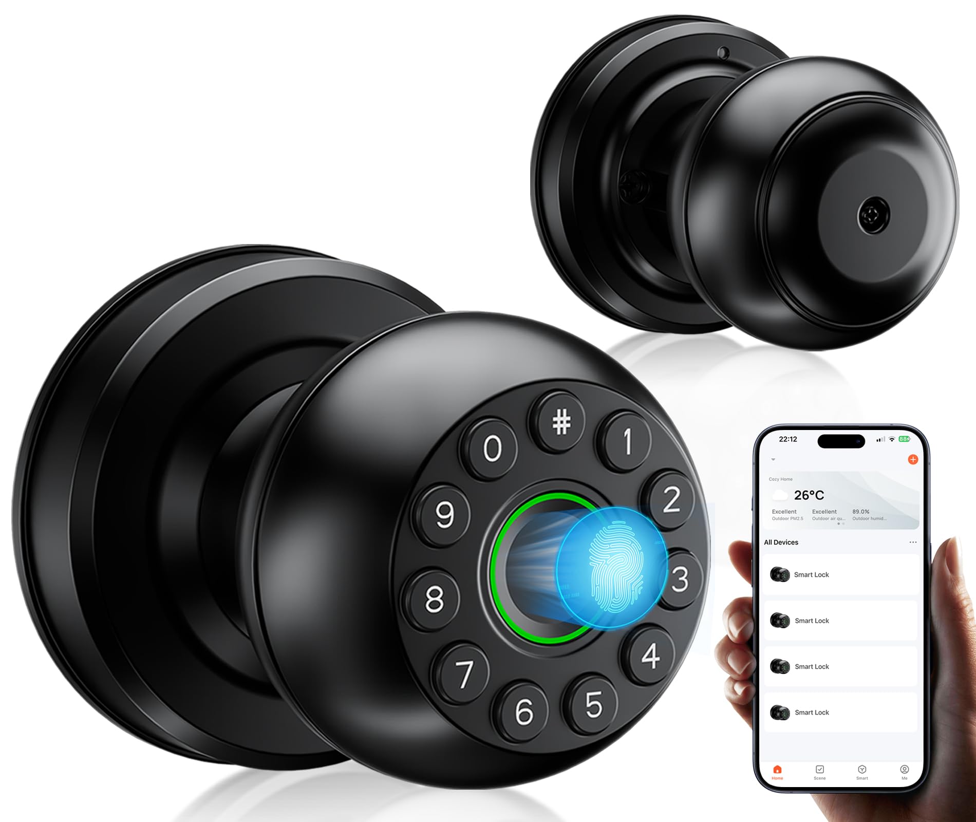 Photo 1 of Pulido Fingerprint Door Lock | App Available But Not Required | Keypad Door Knob with Real Buttons | Smart Fingerprint Door Knob for Bedroom, Office, and Apartment