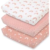 The Peanutshell Baby Changing Pad Covers Girl, Pink Minky Changing Table Sheets for Girls, Boho Rainbow Floral Nursery Decor