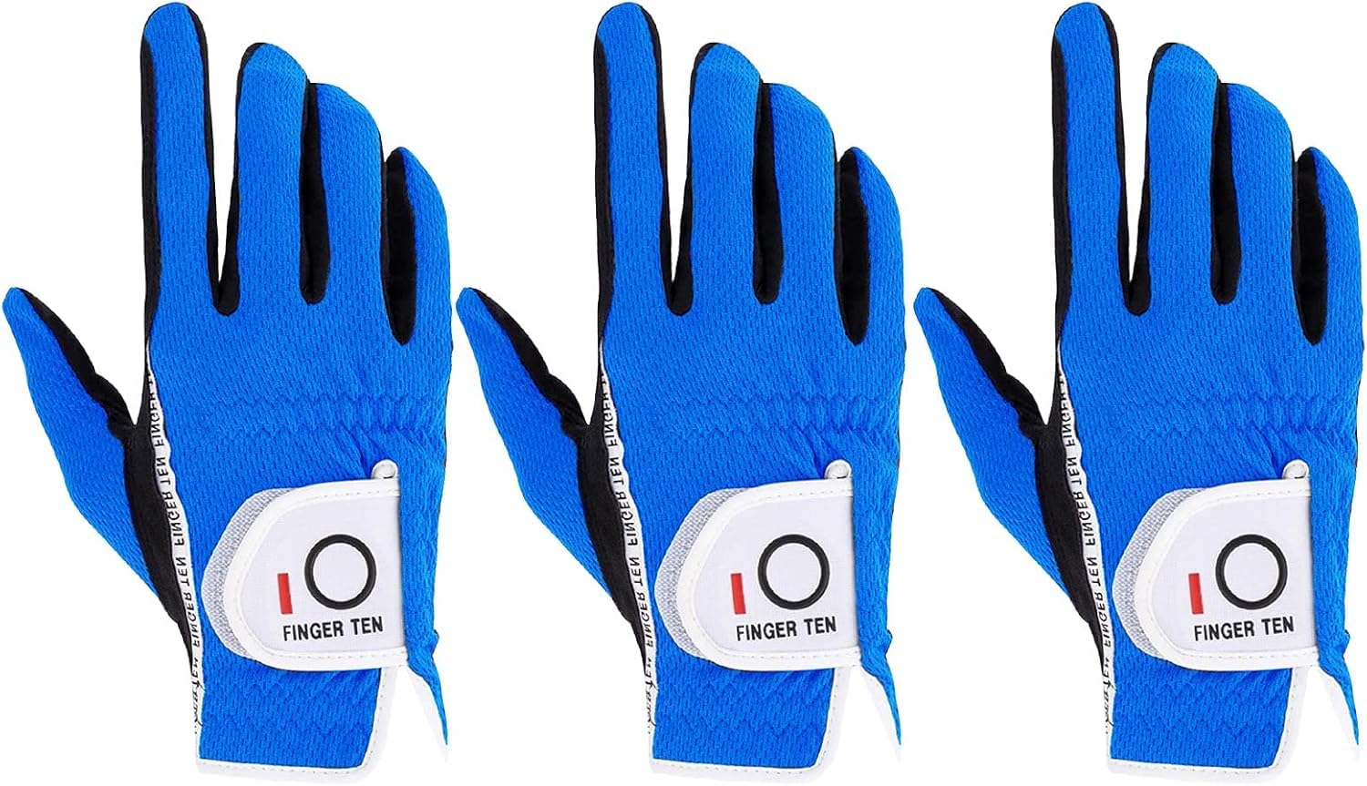 FINGER TEN Golf Glove Men Left Hand Right Rain Grip Value 3 Pack, Mens Golf Gloves Weathersof All Weather Hot Wet Fit Size Small Medium ML Large XL White (Blue, ML, Worn on Right Hand)… — image 1