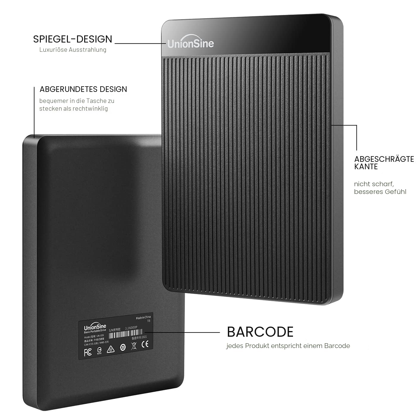 UnionSine Externe Festplatte 500GB ultradünn tragbar 2,5 Zoll USB 3.0, SATA, Festplattenspeicher für PC, Mac, Desktop-Computer, Laptop, Wii U, Xbox, PS4 (Schwarz) HD2510 2