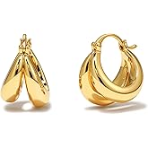 Chunky Gold Huggie Earrings for Women, 18K Gold Plated Double Hoop Earrings Split Hoops Earring Sterling Silver Post Statement Earring Jewelry Hypoallergenic Lightweight Hoops Gifts