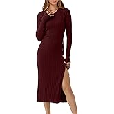 ANRABESS Womens 2025 Fall Long Sleeve Midi Dress Ribbed Knit Bodycon Fitted Button Down Wedding Guest Slit Sweater Dresses