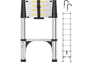 DEZEX Telescoping Ladder 8.5 FT,Aluminum Lightweight Extension Ladder with 2 Triangle Stabilizers and 2 Detachable Hooks,Safety Lock Slow Down Design Collapsible Telescopic Ladder for Home Outdoor