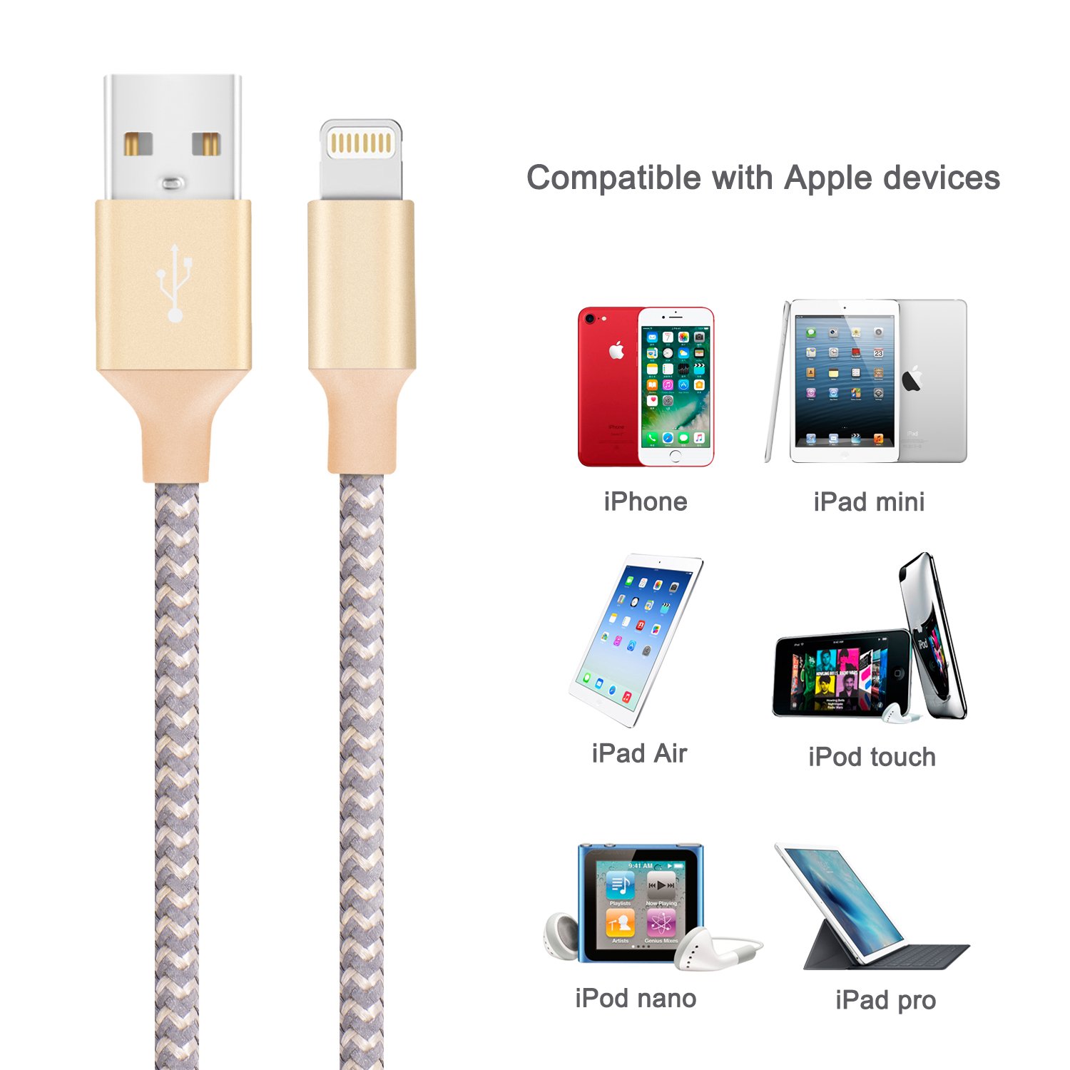 Lightning Cable, Quntis 3Pack 6FT Nylon Braided iPhone Charger Lightning to USB Cable Charging Cord for iPhone X 8 8Plus 7 7 Plus 6s 6s Plus 6 6 Plus 5 5S 5C SE and More (Champagne Gold)