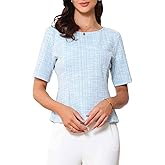 Allegra K Tweed Top for Women's Round Neck Short Sleeve Pullover Work Office Blouse Large Blue