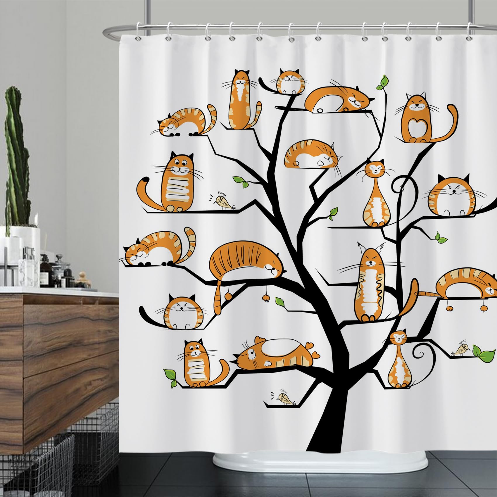 Ttincceer 71x71inch Cat Tree Shower Curtain Set Orange Cute Kitten Bath Curtain Watercolor Funny Animal Pet Cat Shower Curtains Washable Bathtub Curtain for Bathroom Decor, 180x180cm