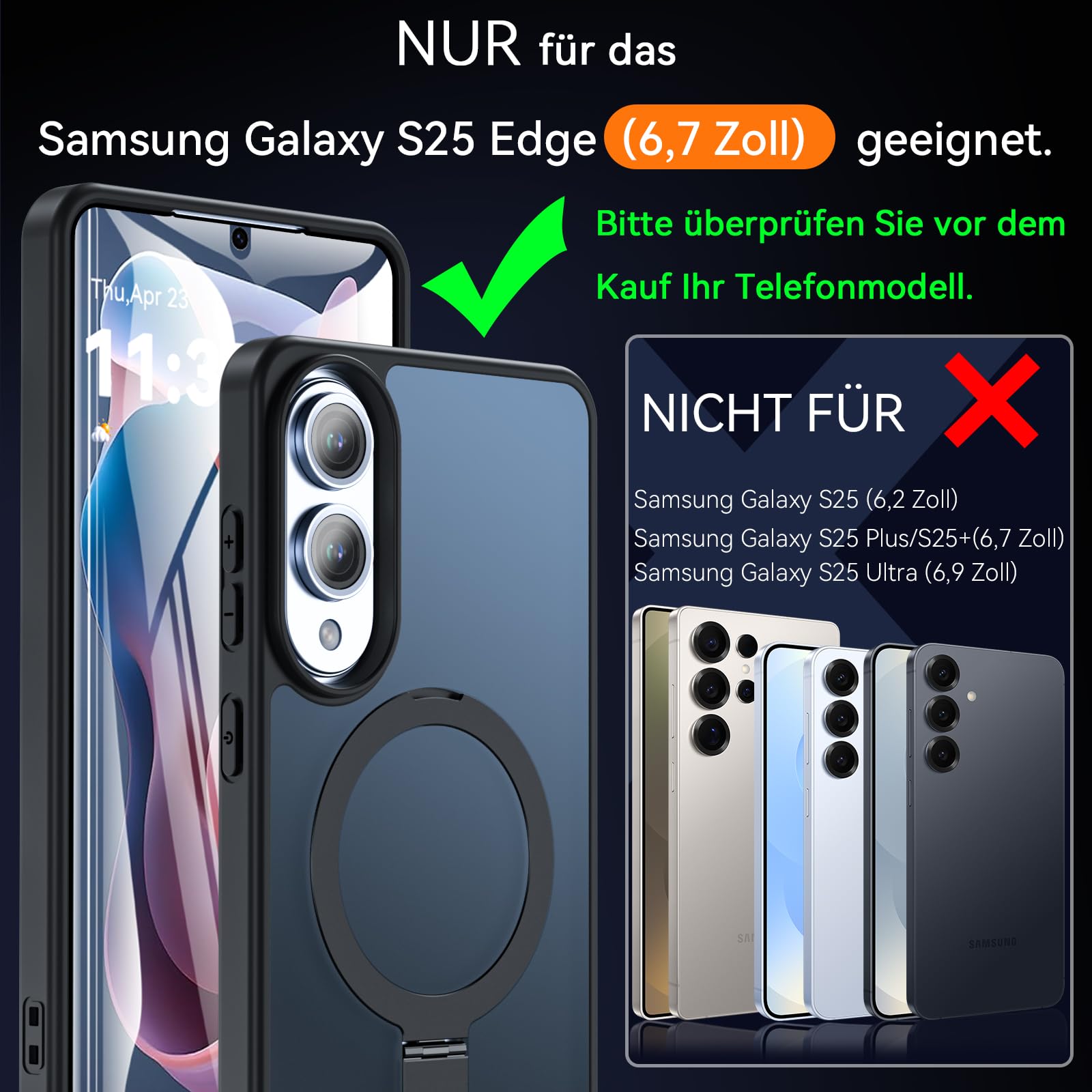 Cum2giff Hülle für Samsung Galaxy S25 Edge Hülle mit Ständer, Magnetische Schutzhülle, Durchscheinend Matt Stoßfeste Handyhülle Samsung S25 Edge Case, Schwarz 2