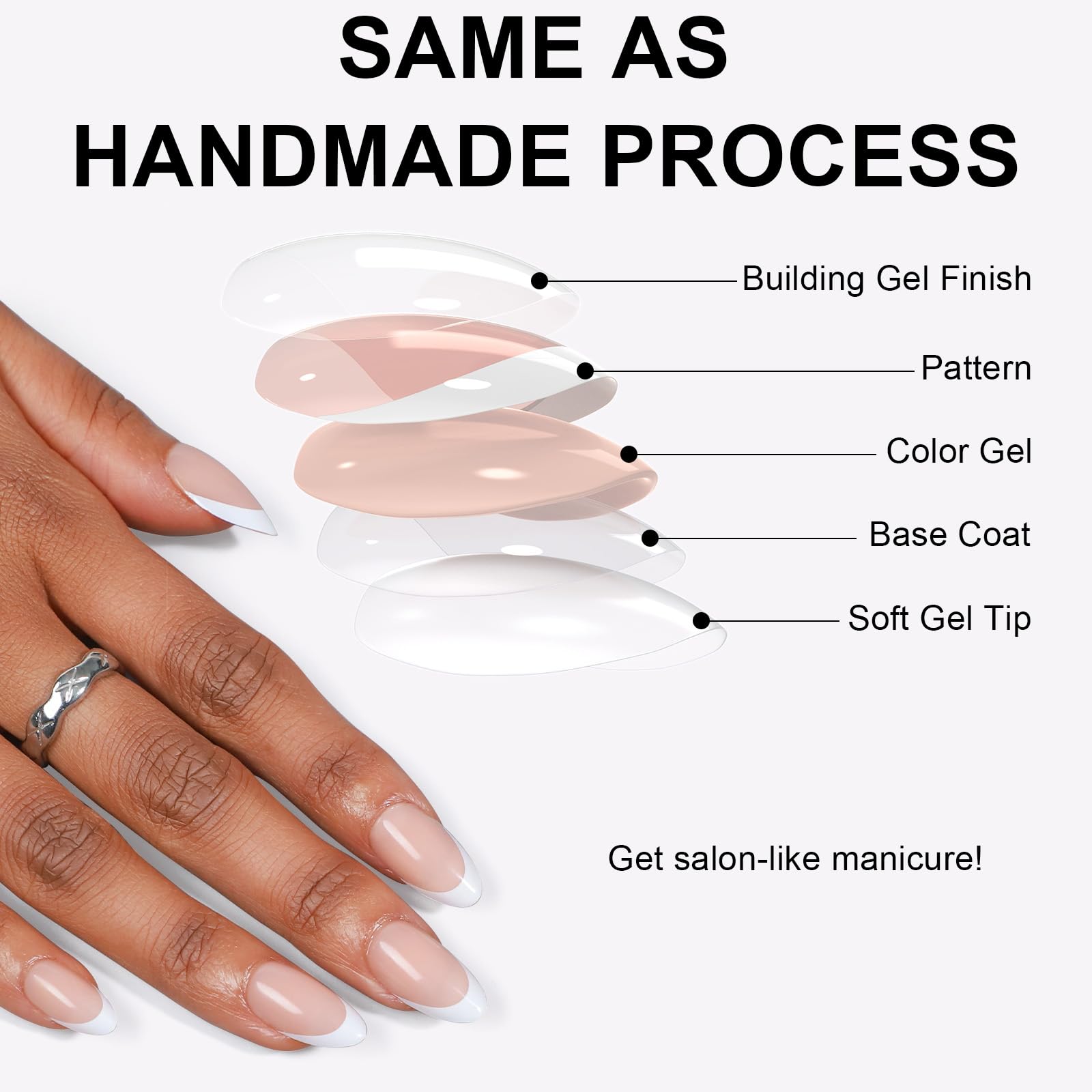 French Almond Gel Press On Nails Short 16 Sizes Fake Nails Glossy 32pcs, Nail Glue Included - Image 5