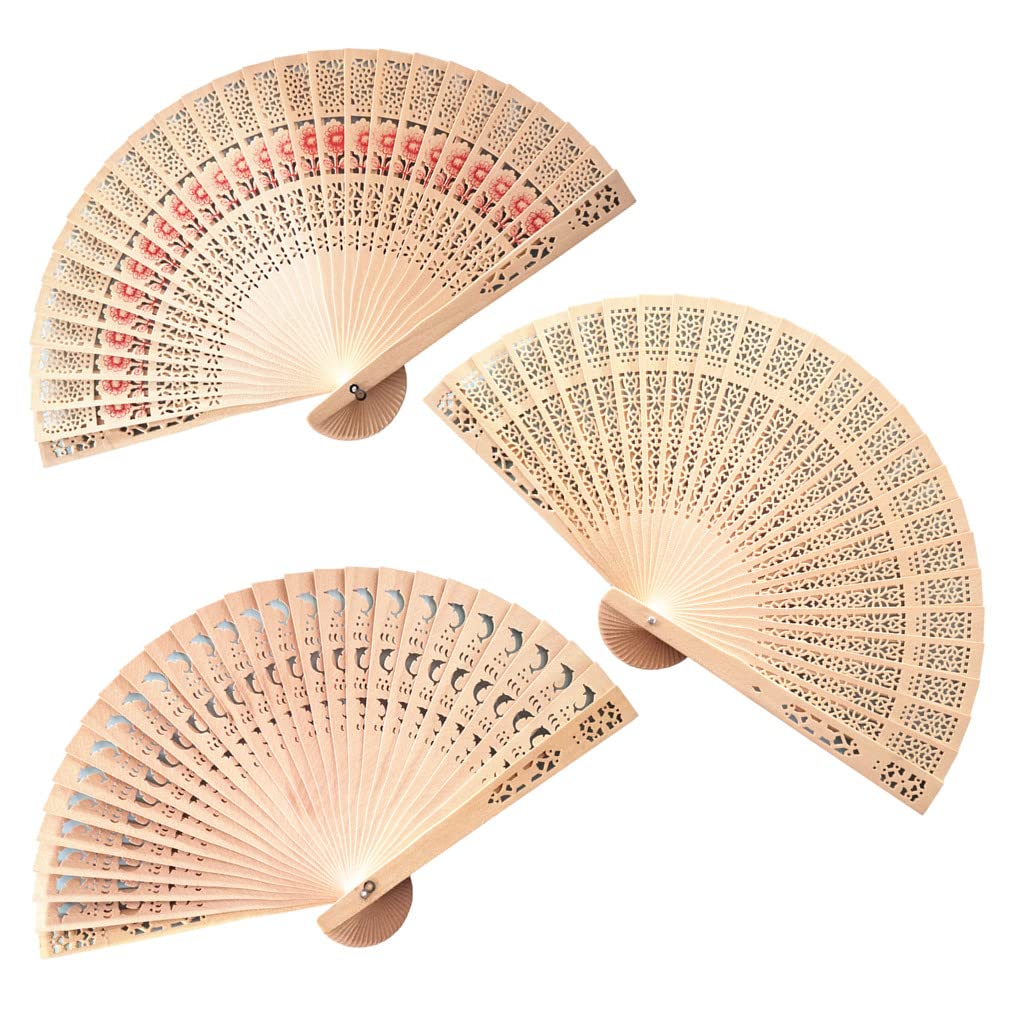 Morices 3 Pcs Hollowed Folding Hand Fan, Classic Style Handheld Delicate Hollow Out Wooden Fans, Decorative Hand Holding Fans for Dancing Wedding Party Favors Gift Home Wall Hanging Decoration