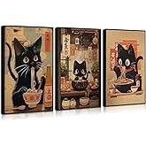 3Pcs Japanese Black Cat Canvas Wall Art Vintage Cat Eating Ramen Posters Prints Edo Period Ramen Pictures Japan Kitchen Painting Unique Wall Decor for Dining Animal Lover Gift 12x16in Unframed