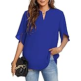 FUNLINGO Women's Summer Tops Short Sleeve Casual Shirts V Neck Chiffon Dressy Blouse Tops