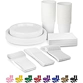 350 Piece WHITE Disposable Dinnerware Set 50 Guests, Plastic Party Plates And Cups And Napkins Sets - 50 Count 9" Dinner Plates, 7" Dessert Plates, 12oz Cups, Paper Napkins, Forks, Knives & Spoons