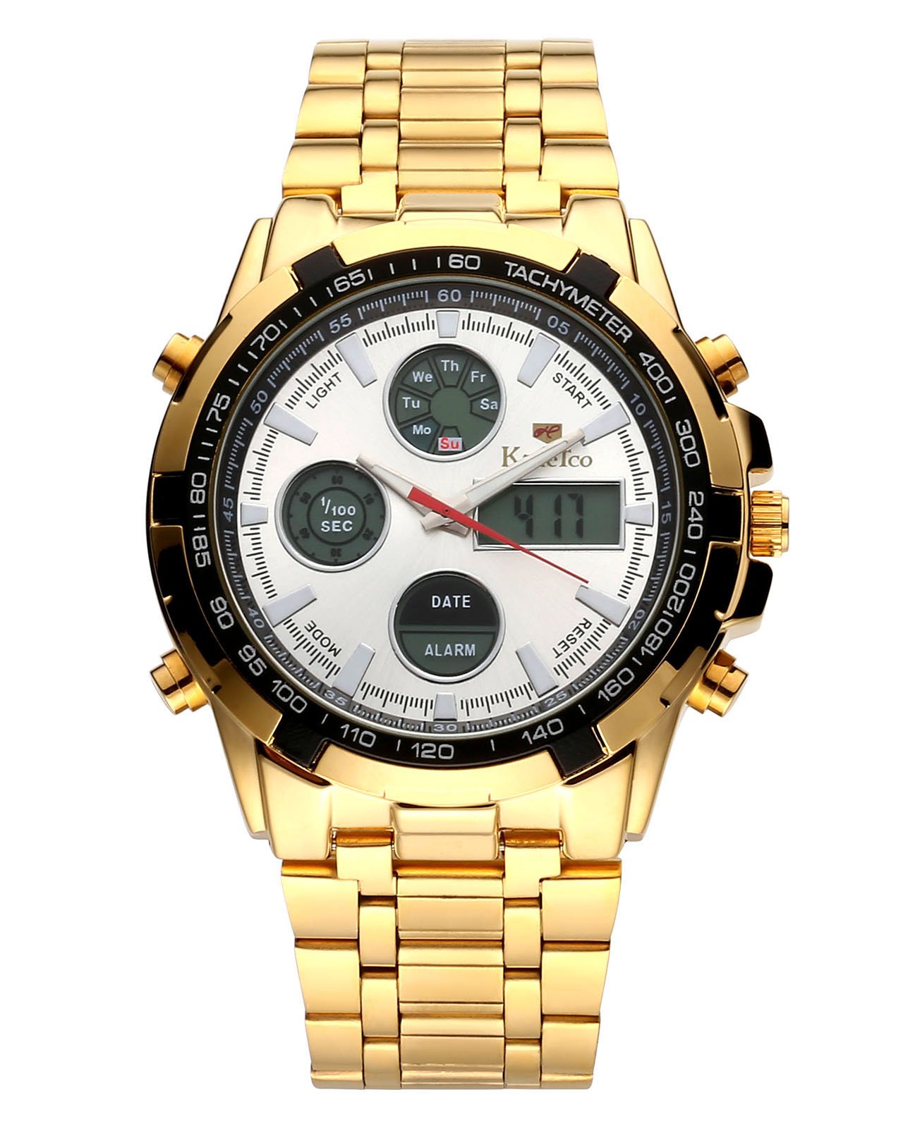 JSDDE Montre Doré Montre Homme Etanche Bracelet en Acier Calendrier Chronomètre 3ATM Montre Multifonction Sport Grand Cardan