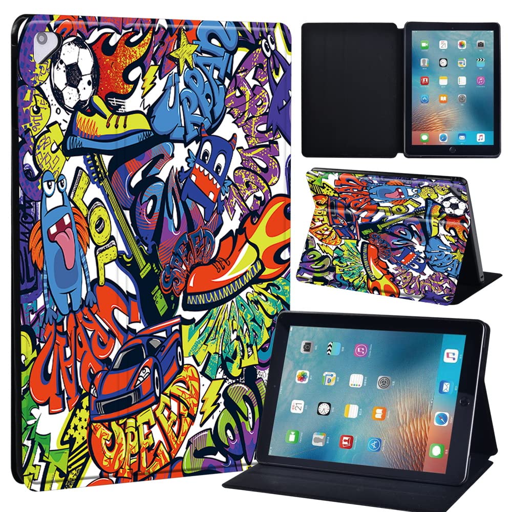 Initial Letter Leather slim lightweight Stand Cover Case for Apple New iPad 9.7 2018 2017(6th Gen, 5th Gen)/iPad Air 2/iPad Air/iPad Pro 9.7 Tablet with Auto Wake/Sleep (graffiti002)