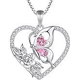 YL Women's Butterfly Necklace 925 Sterling Silver Flower Rose Pendant Birthstone Halo Jewelry