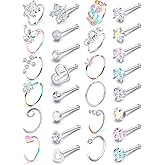 Prjndjw 20G Nose Rings Studs Hoop For Women Surgical Steel Nose ring hoop Heart CZ Flower Nose Piercing Jewelry Straight Bend L Shaped Nose Rings 28Pcs 6.5mm Nose Piercing Kit Purpke