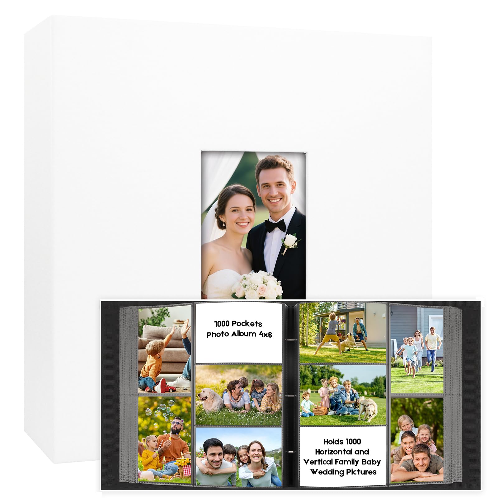 Photo 1 of 1000 Pocket Photo Album 4x6 Leather Cover, Extra Large Capacity Holds 1000 Horizontal and Vertical Photos, Acid Free Non Stick Pages with Front Window, Perfect for Wedding Family Baby Memories (White)