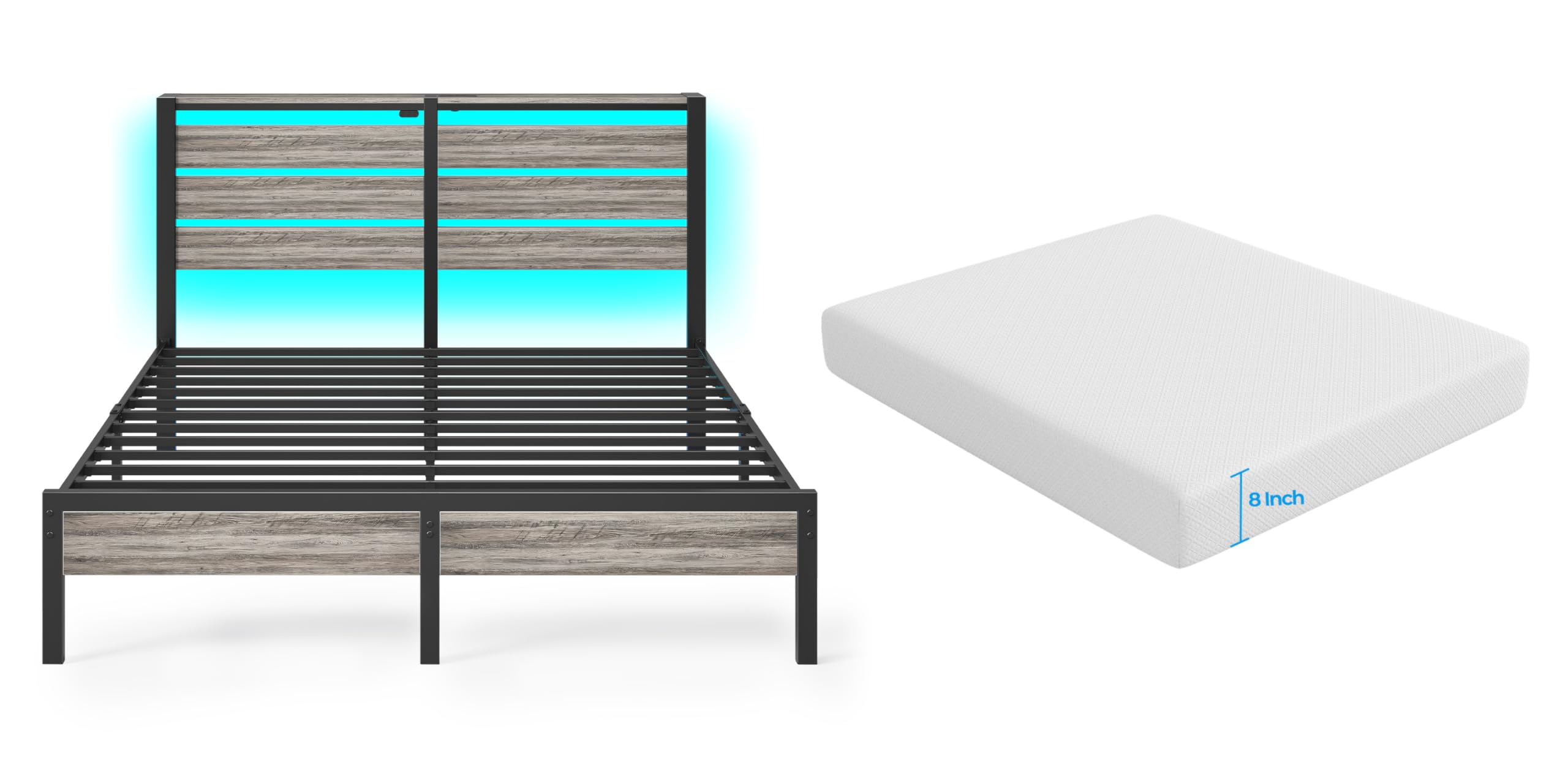 Rolanstar Bed Frame Queen Size with Charging Station, LED Bed Frame with Storage Headboard, Grey - 8 Inch Gel Memory Foam Mattress, Gel Infused, Fiberglass Free, Medium Firm Mattresses Image