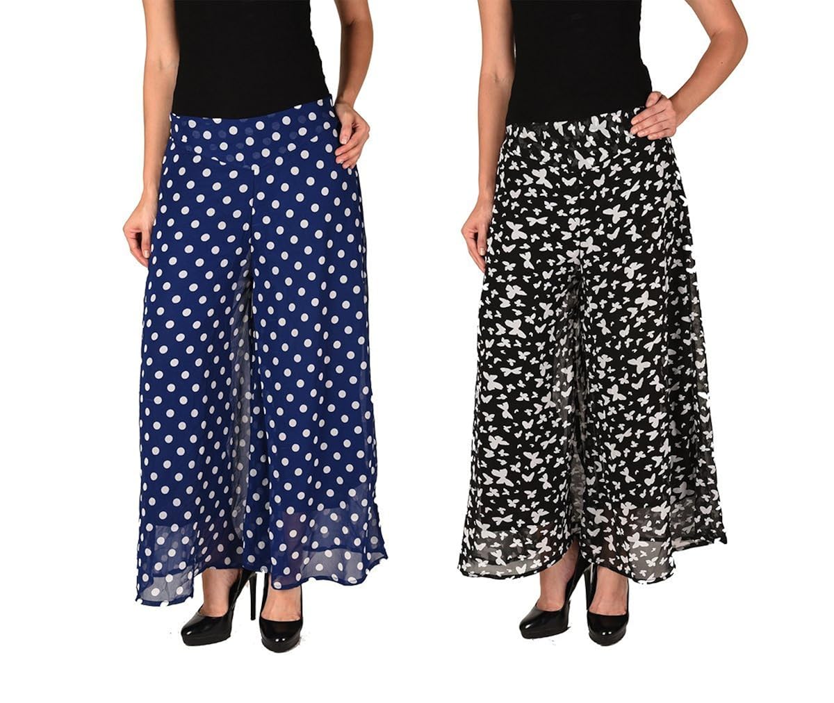 2day's women stylish georgette plazzo butterfly print and blue polka (pack of 2)