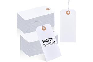 Supkiir 200Pcs 120x60mm White Paper Tags with String, Reinforced Hole Writable Gift Tags, Clothing Price Tag for Labeling Wed
