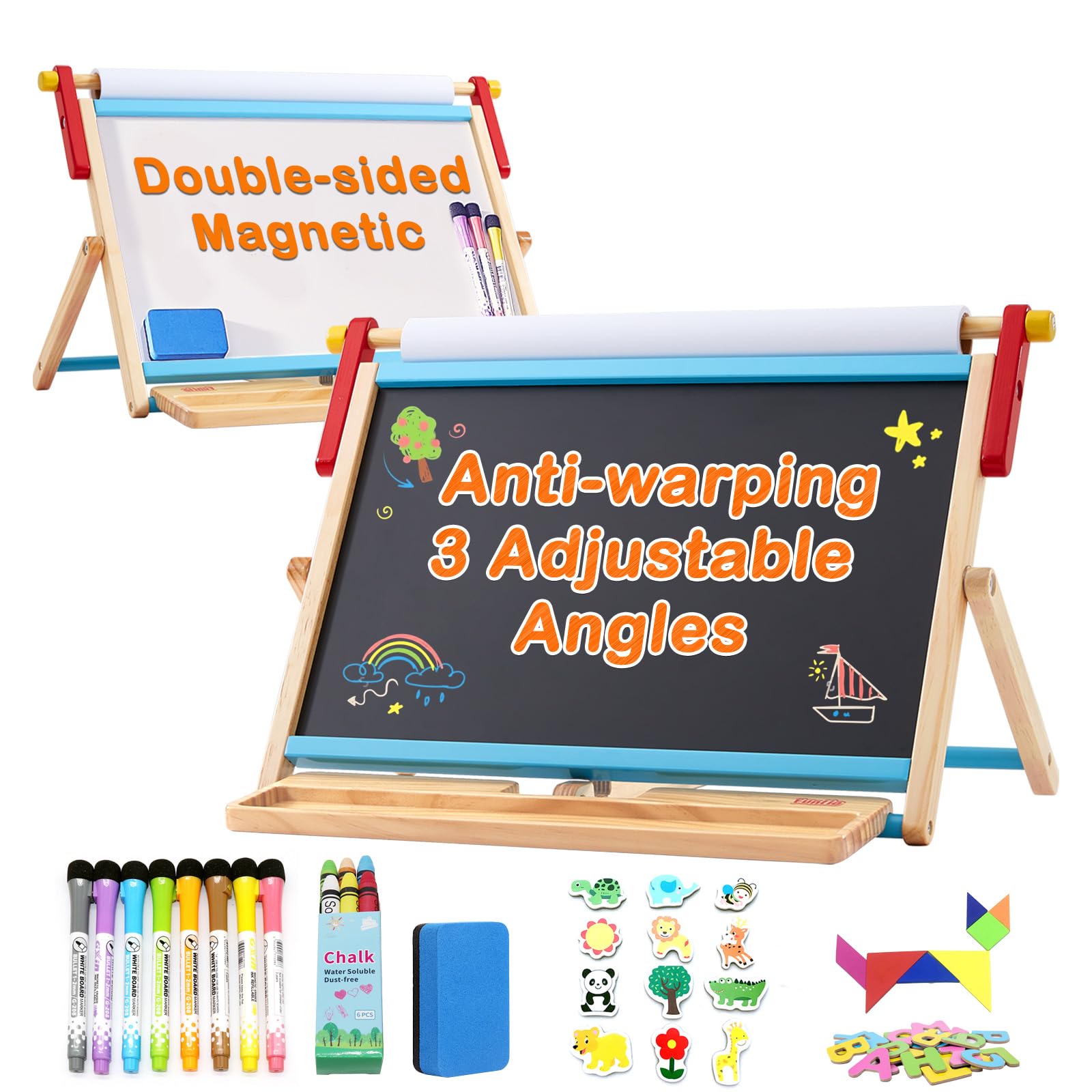 FUNLIO Wooden Table Top Easel for Kids Aged 3-5, 3 Angle Adjustable & Foldable Magnetic Kids Easel with Paper Roll Holder, Double Sided Kids Tabletop Easel - Blue
