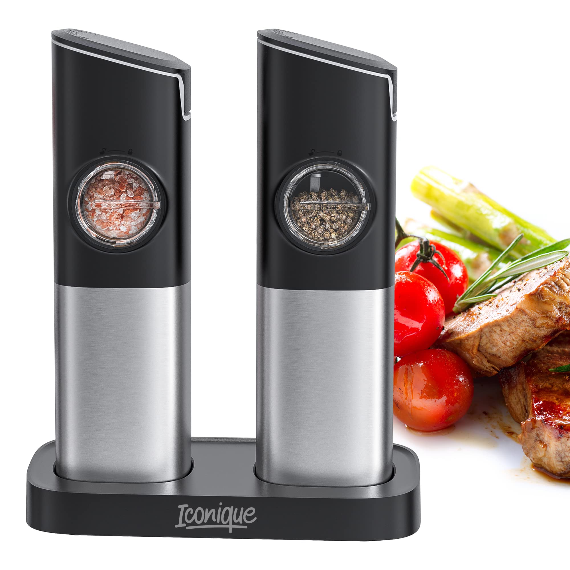 Iconique Electric Salt & Pepper Grinder Set | Automatic Gravity Fed, Refillable with Coarseness Adjustment, USB-C Charging Stand, Light Indicator, Dust Cap | Pack of 2
