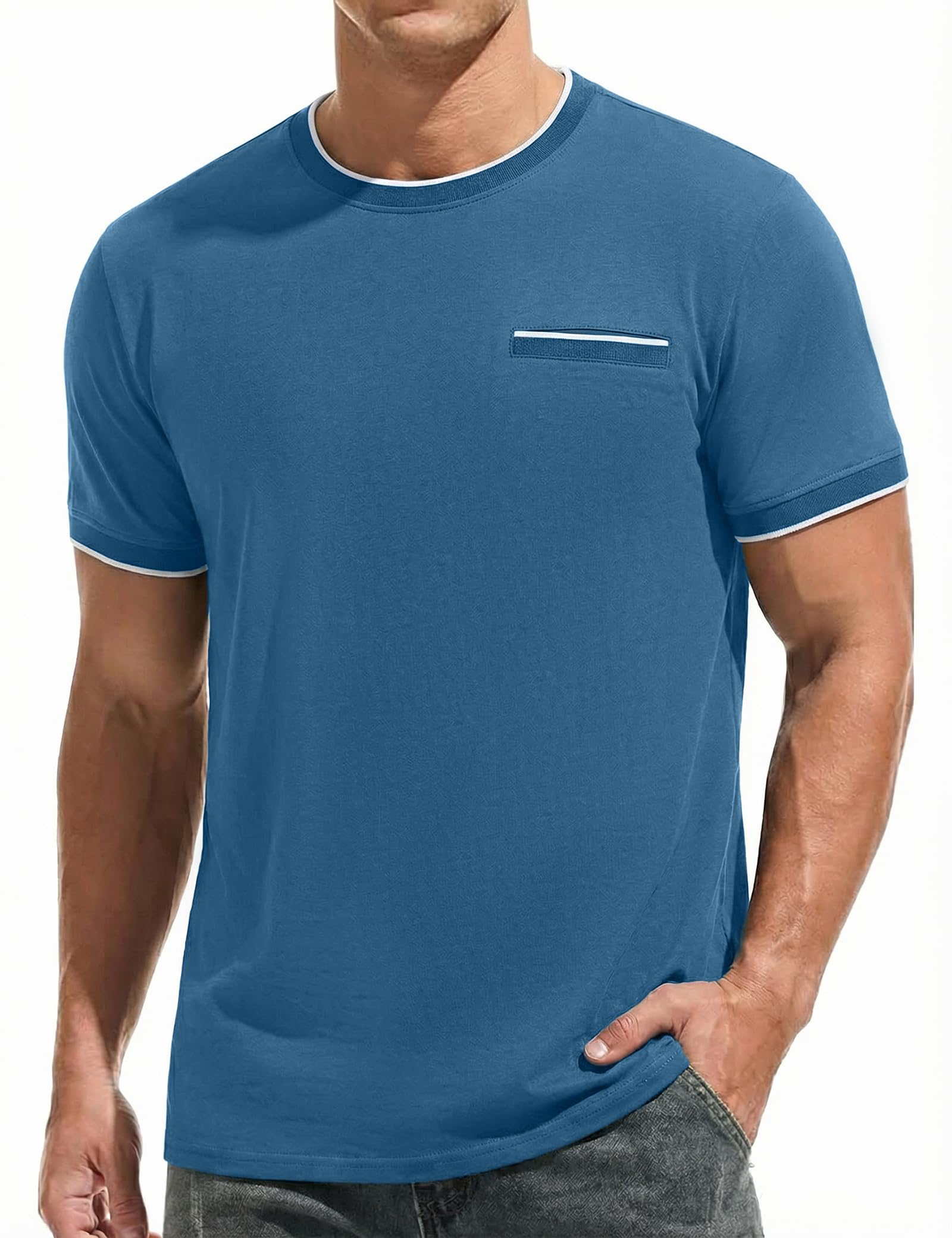 iClosam T-Shirt Herren Baumwolle Kurzarm Rundhals Color-Blocking Ärmeln Shirts Männer Sommer mit Dekorative Tasche,Blau,L
