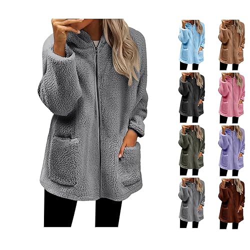 Fleece Jacket Women Fluffy Hoodies Women Comfortable Sherpa Soft Plush Coral Hooded Casual Full Zip Pockets Jackets Loose Long Tops Warm Fleece Solid Coats Coat for Everyday # Grey XXL